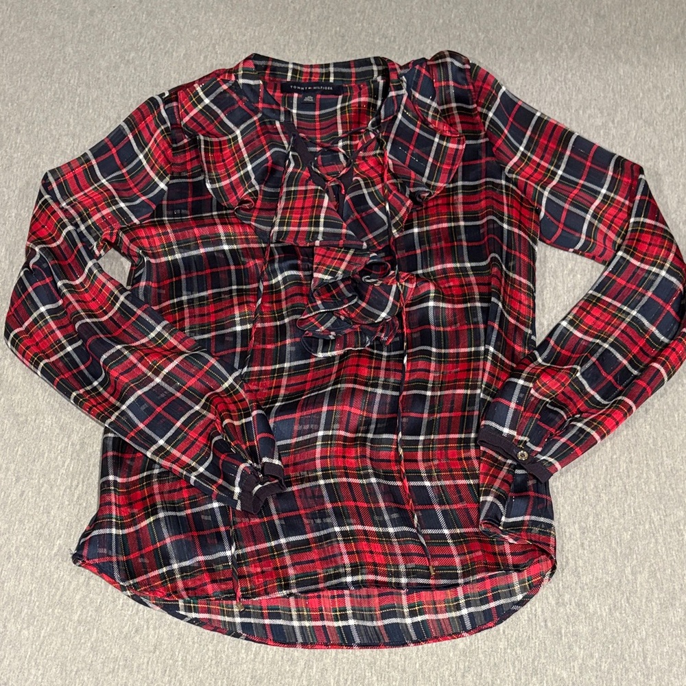 Tommy Hilfiger Red and Navy Plaid Button-Up Blouse